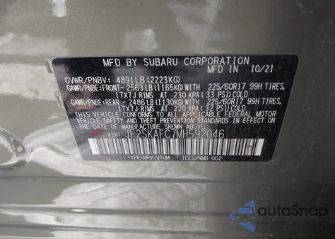 2021 Subaru Forester Premium из США, поврежденный, VIN JF2SKAFC7MH592046